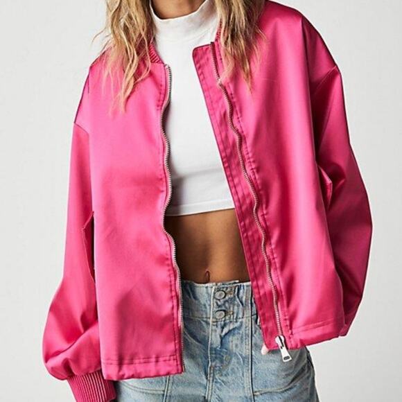 Free People Jackets & Blazers - Free People Silky Hot Pink Echo Bomber Jacket